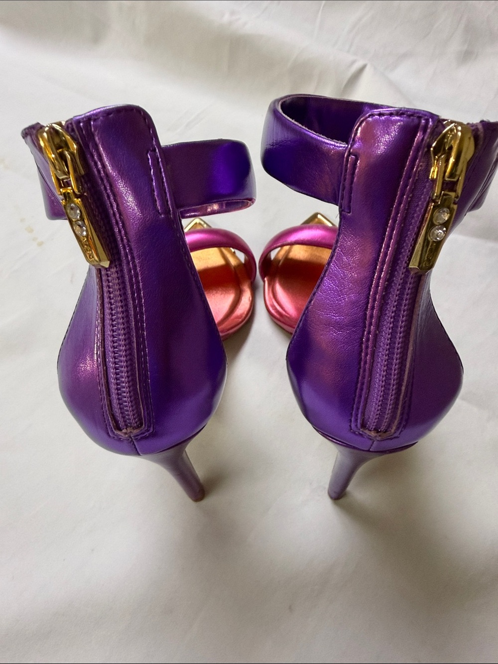 Aldo Metallic Purple and Pink Ankle-Strap Stilettos with Gold Pointed Toe Cap - Picture 9 of 10